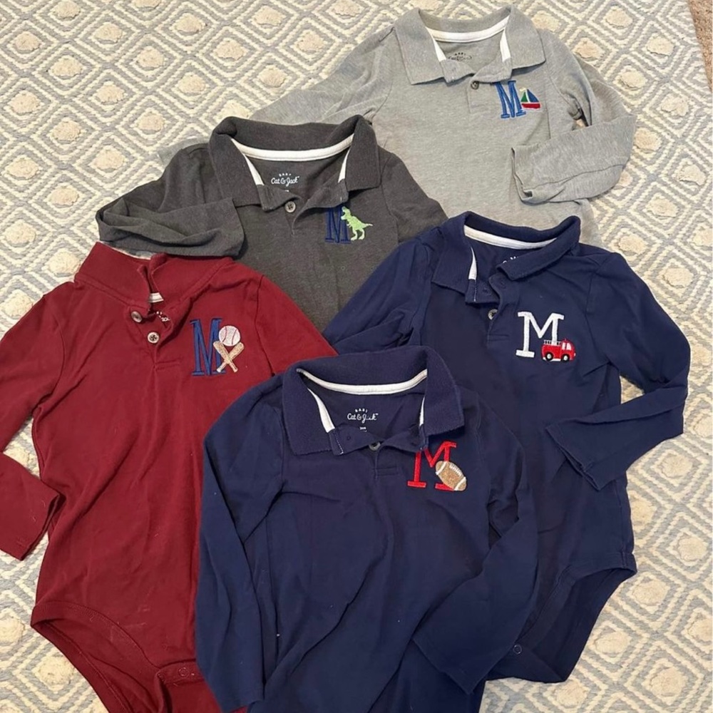 5 “M” personalized embroidered snap shirts / onesie